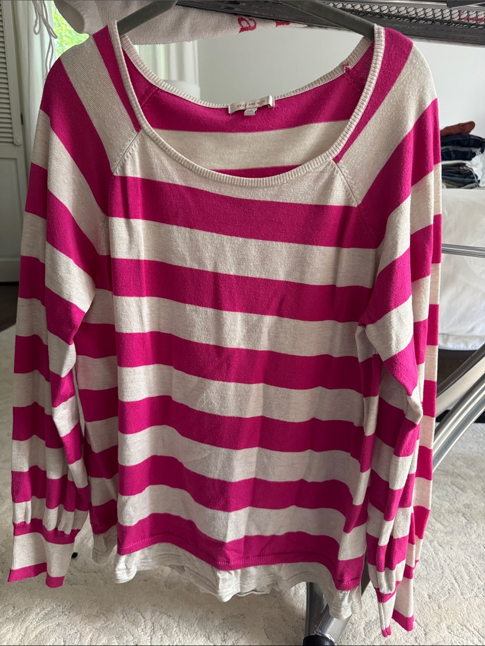 Skies Are Blue Fuchsia & Cream Striped Crewneck Sweater